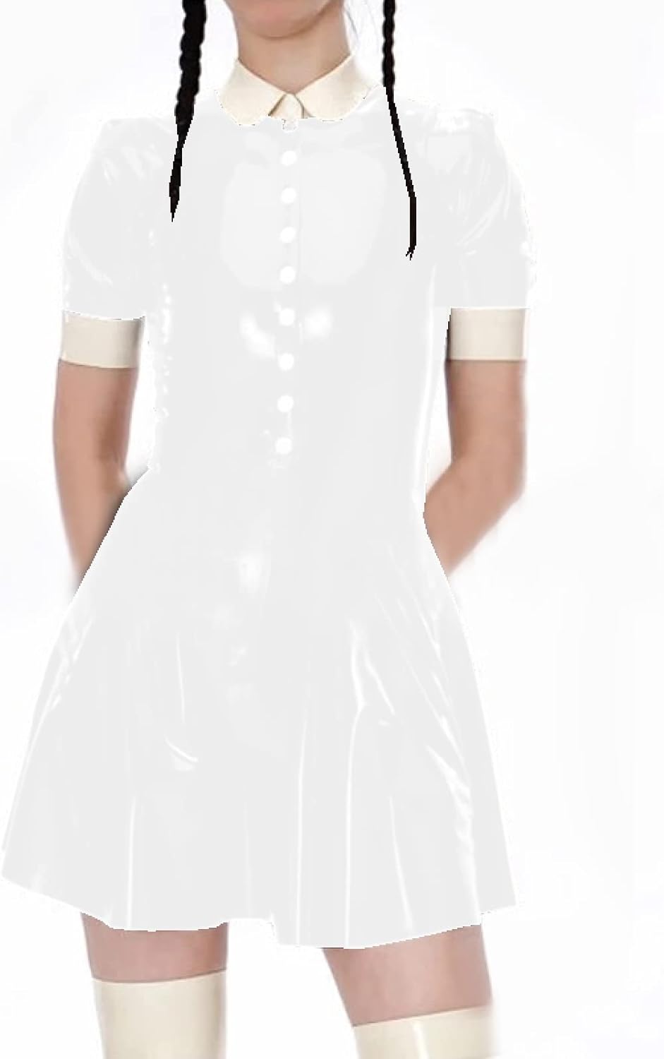 Female Turndown Collar Leather Dress Casual Short Sleeve Mini Dress Buttons PVC Dress,White,M