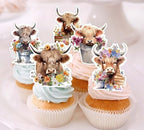 48pcs Highland Cow Baby Shower Cupcake Toppers - Holy Cow Baby Shower Birthday Supplies, Cute Cow Party Cake Decorations