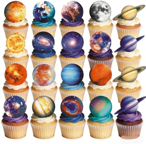 Outer Space Cupcake Toppers Wafer Edible Ppaer Planet Moon Star Cupcake Solar System Galaxy Universe Planets Birthday Cupcake Decorations Party Supplies 20*2"