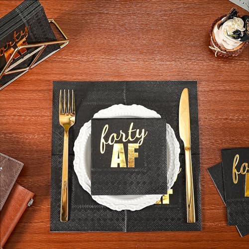 WRAPAHOLIC 25Pcs 40th Birthday Cocktail Napkins - 3-Ply Black Gold Foil Forty AF Lettering Disposable Paper Napkins for Birthday Party Tableware Party Supplies - 5 x 5 In