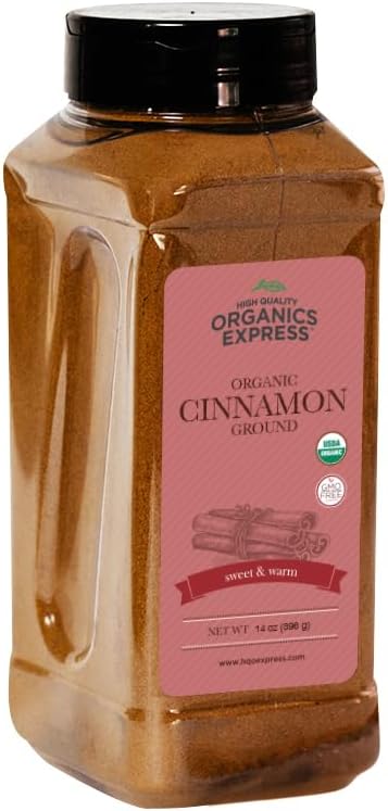 HQOExpress Organic Ground Cinnamon Powder - USDA Certified Organic - Gluten-Free - Keto Friendly - Non-GMO - Kosher - Sustainably Grown - 14oz Chef Jar