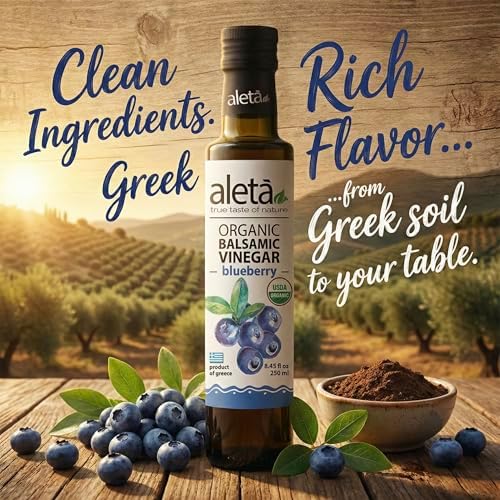 Aleta Farms Balsamic Vinegar, Greek Organic Blueberry Infused Aged Balsamic Vinegar, USDA Organic, Perfect for Salad Dressings, toast, Desserts, Glass Bottle, 8.45 fl oz (Blueberry)