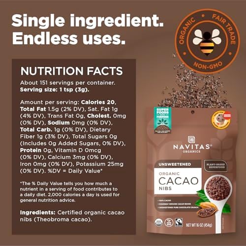 Navitas Organics Cacao Nibs – Unsweetened Dark Chocolate Crunch – Antioxidants, Minerals, Fiber – For Trail Mix, Baking & More – USDA Organic, Fairtrade, Non GMO, Gluten Free, Non-alkalized (16oz. Bag 151 Servings)