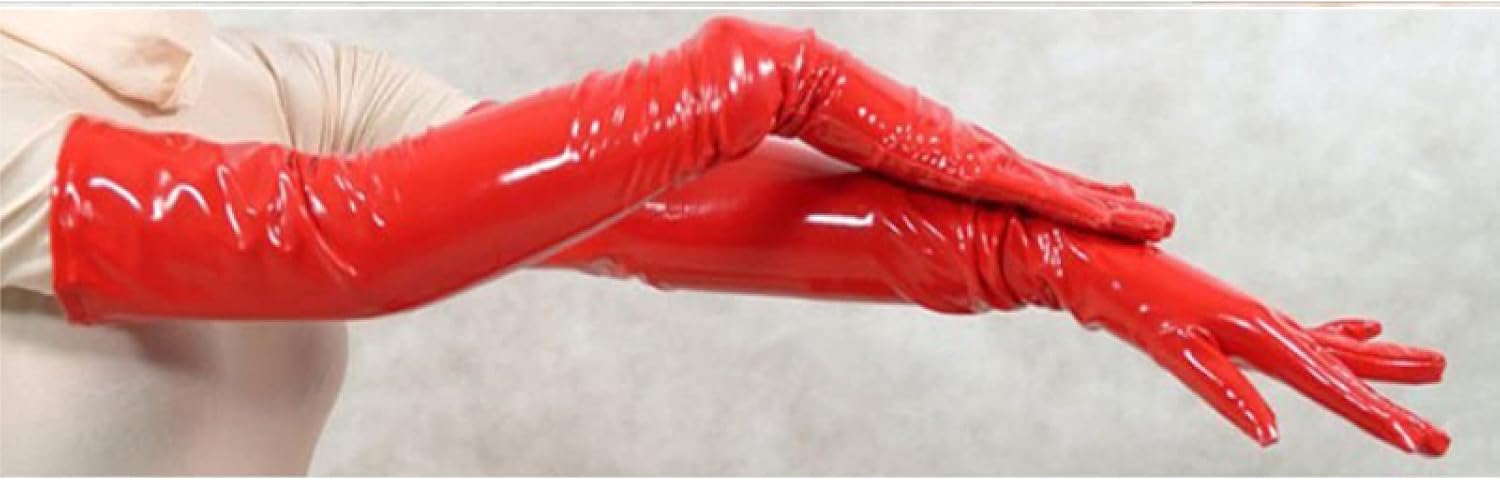 Women Sexy Zipper PVC Mini Dress Catsuit Novelty Club Party Dress Bodycon Long Sleeve Turtleneck,Red Gloves,L