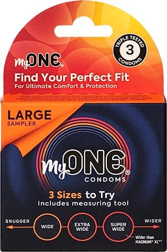 MyONE Custom Fit Larger Sized Condom Sampler | Tailored Width & Length | Max Pleasure | Triple Tested Softer Latex | Lubricated | Nontoxic, Vegan, Non-GMO | Features 3 Large Sizes to Try