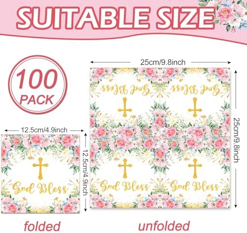 100Pcs God Bless Flower Napkins Baptism Paper Napkins Pink Floral Disposable Napkin First Holy Communion Party Decors for Mi Bautizo Christening Celebration Baby Shower Religious Party Supplies