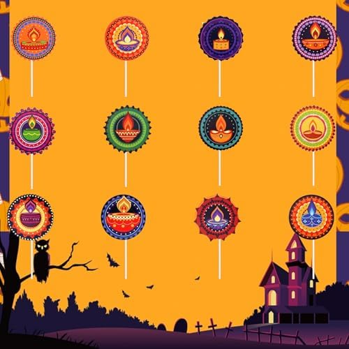 24Pcs Diwali Cupcake Toppers Set, Happy Diwali Diyas Cake Dessert Toppers Cupcake Picks Indian Festival of Lights Birthday Deepavali Party Decorations Decor Supplies