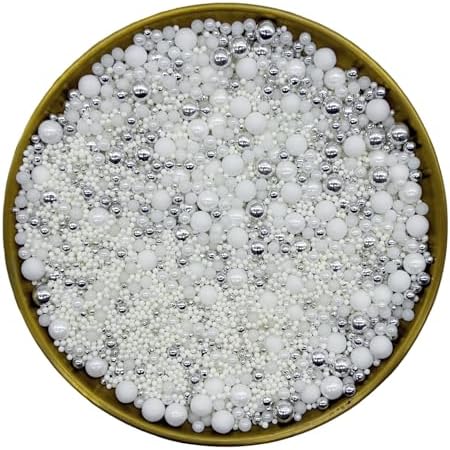 Edible White & Silver Sugar Pearls Sprinkles Candy Mix Size Pearls Cake Decorations Cupcake Toppers Decorating Perfect for Wedding Party Valentine Supplies 4.58OZ
