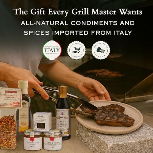 Mercato di Bellina Grill Master Gift Basket - Italian Made Caramelized Onion Jam, Seasonings, Extra Virgin Olive Oil, Black Truffle Sauce, Balsamic - Perfect Fathers Day Grilling Gift Set Dad, Husband