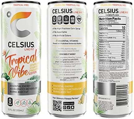 CELSIUS Sparkling Tropical Vibe, Functional Essential Energy Drink, 12 Fl Oz (Pack of 24)