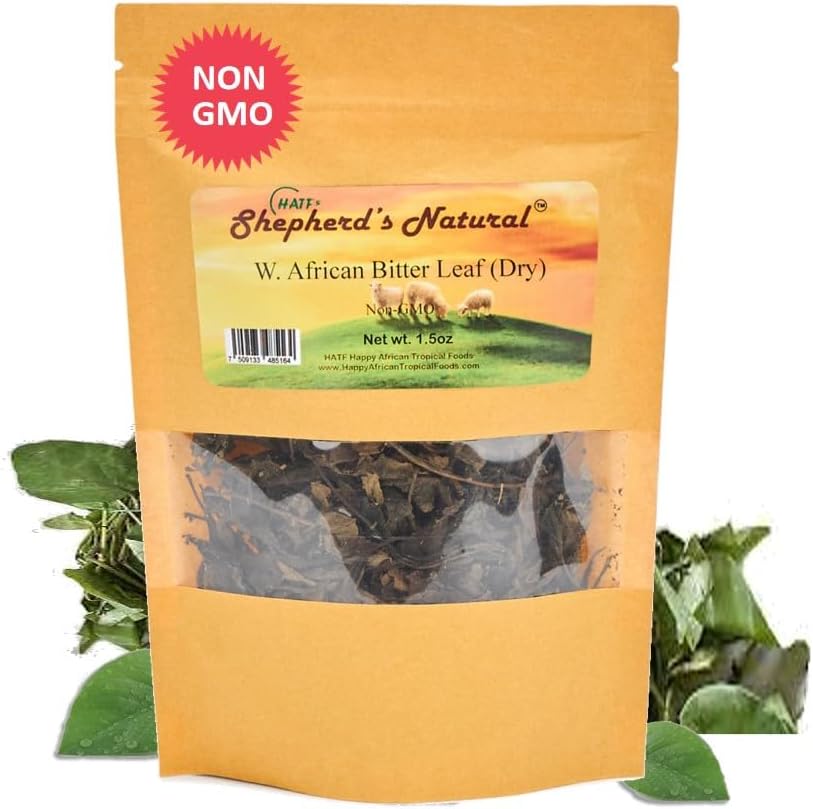 HATF’S SHEPHERD’S NATURAL Bitter Leaf (Dry) – Bold Bitter Flavor for African Soups, Stews, and Teas – Non-GMO, Sand-Free, All-Natural, Cleaned and Dried for Purity and Convenience – 1.5 oz (42.5 g) Pack