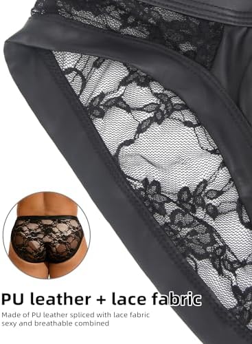 ohyeahlady Mens Lace Underwear Sexy Thong G-String Low Rise PU Faux Leather Pouch Trunks Soft Jockstrap Panties Briefs