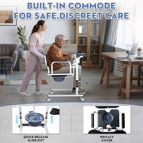 Patient Lift Transfer Chair for Elderly and Home, Portable Adjustable Height Lift Nursing Wheelchair 180° Split PU Leather and Thickened Sponge Seat