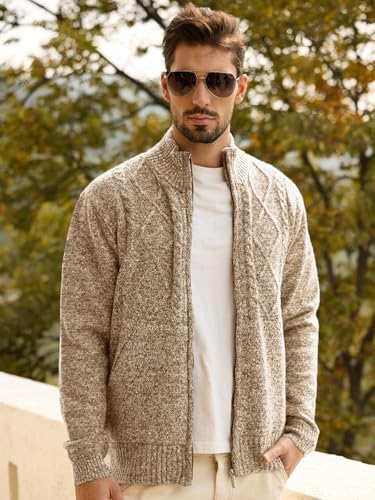 Les umes Mens Knitted Full Zipper Cardigan Fleece Lined Sweater Warm Stand Collar Jumper Coat with Pockets