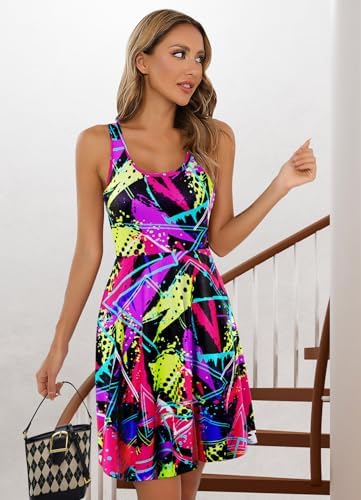 uideazone Women's Sleeveless Dress Summer Beach Casual Scoop Neck Print Flared A Line Stretchy Sundress