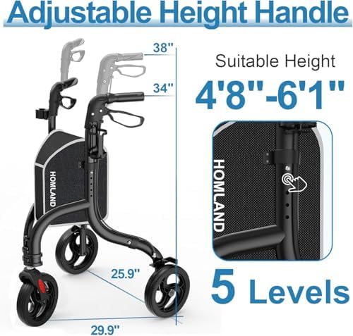 HOMLAND 3 Wheel Walkers for Seniors, Foldable Wheeled Rollator with Cane Hold and Cup Hold, Lightweight Three Wheel Rolling Walker Height Adjustable for Seniors