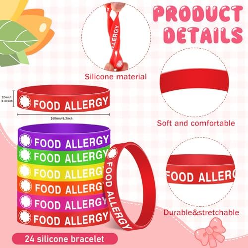 Quelay 24 Pcs Food Allergy Silicone Bracelets for Teens Kids 6.3 Inch Colorful ID Wristband Medical Alert Food Allergy Bracelets for Kids Children School Activities Party Events, 6 Colors