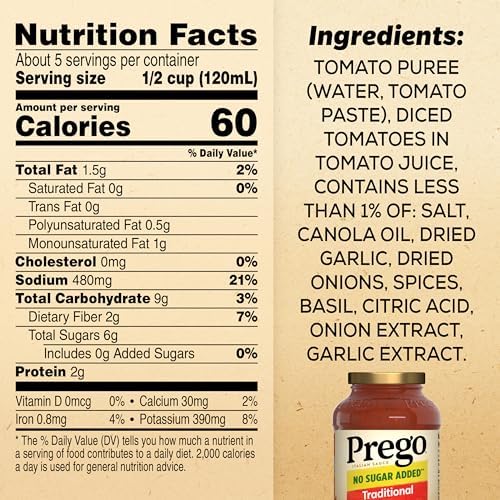 Prego Traditional No Sugar Added Pasta Sauce, 23.5 Oz Jar