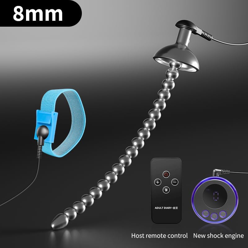 Heuceo 5.3" Male BDSM Electric Shock Urethral Dilator Plugs Set, Stainless Steel Flexible Beads e-stim Urethral Sound Dilator Metal Urethral Penis Plug Urethral Sounds Masturbation Rod Sex Toys (8mm)