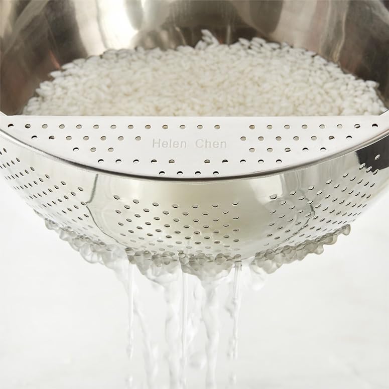 Helen's Asian Kitchen Professional Rice Washing Bowl – Stainless Steel Rice Rinser Strainer with Side Drainer, 3-Quart Capacity. Ideal for Quinoa, Rice, Grains, Legumes, Vegetables. Kitchen Essential