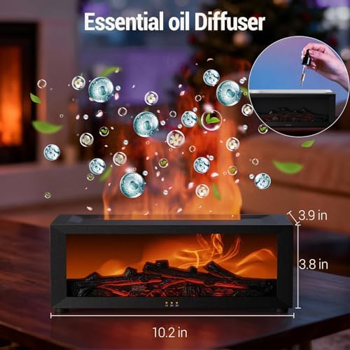 Fireplace Humidifier & Essential Oil Diffuser with Remote Control, 150ml Ultrasonic Aroma Diffuser, Realistic Flame Effect, 7-Color LED Night Light, Timer & Auto Shut-Off, for Bedroom/Home (Black)