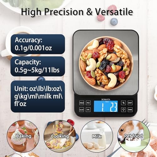 BOMATA Large Kitchen Scale with 0.1g/0.001oz High Precision, 5kg/11lb Bakery Scale with% Percentage Function, USB Rechargeable, Full-View Angle LCD with Backlight, Stainless Steel Pan
