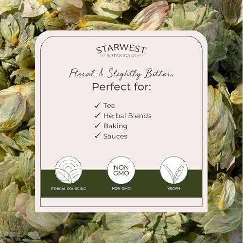 Starwest Botanicals Dried Hops Flowers Whole - Herb for Hot Water & Tea, Use in Herbal Blends, Natural Pine & Citrus Notes, Certified Kosher - 4 oz Pouch