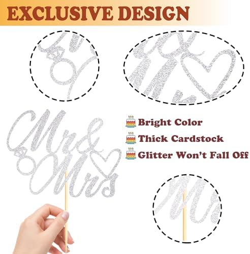 Sotpot 1PC Mr Mrs Cake Topper Bride and Groom Topper Silver Glitter Love Cake Decorations for Wedding Engagement Bridal Shower Wedding Cake Decoration Supplies