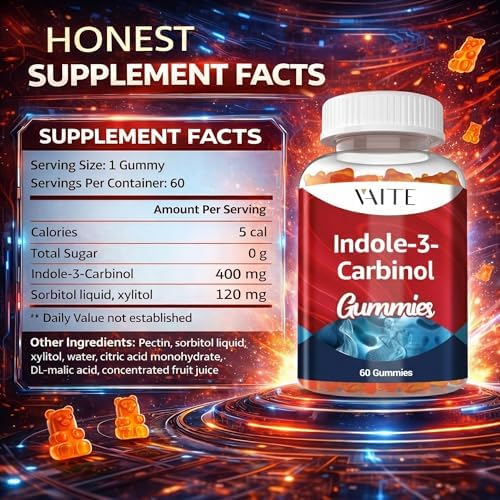 VAITE Indole 3 Carbinol 400mg Gummy Supplement – Indole-3-Carbinol for Hormonal Balance & Antioxidant Support, 60 Vegan Chewables for Men and Women, Non-GMO, Gluten-Free, Wellness Products
