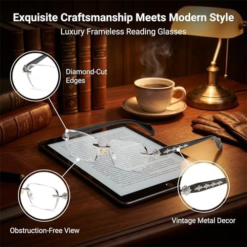Frameless Reading Glasses with Clear Lenses, Diamond-Cut Edges & Fashion Metal Temple Decor