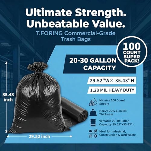 20-30 Gallon Trash Bags Black - 1.28 Mil Thick,30" x 35" Large Garbage Bags 100 Count，20+ Gallon Heavy Duty Trash Can Liners Unscented for Kitchen Home Office Commercial Outdoor