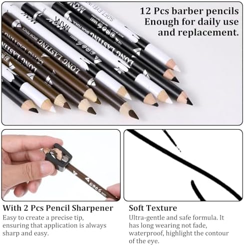 12Pcs Barber Pencil with 2 Sharpener, Magic Hairline Pencils for Lineup Beard Shaping Beard Guide Pen Barber Chalk for Men Beards Hair Makeup Design White Black Dark Brown Light Brown