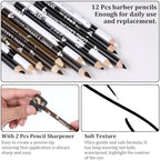 12Pcs Barber Pencil with 2 Sharpener, Magic Hairline Pencils for Lineup Beard Shaping Beard Guide Pen Barber Chalk for Men Beards Hair Makeup Design White Black Dark Brown Light Brown