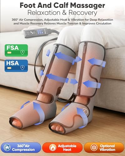 Air Compression Leg Massager with Heat : Foot and Calf Massager for Circulation and Pain Relief - 9 Intensity, 4 Modes, 3 Heating, Vibration, for Sitting/Standing Jobs & Home Use