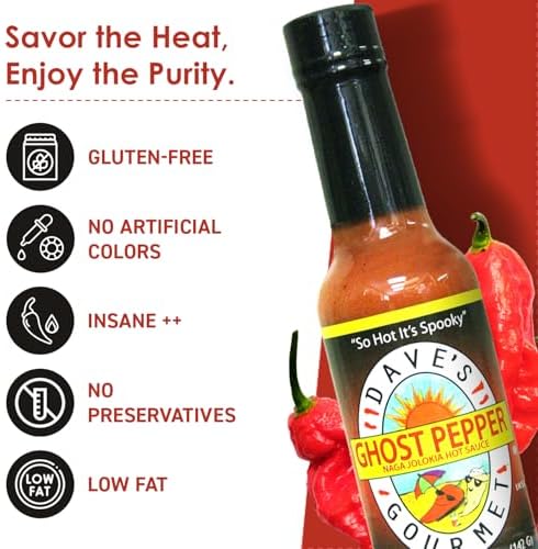 Dave's Gourmet Ghost Pepper Naga Jolokia Hot Sauce - Insanely Hot Plus Heat Level - Ghost Pepper Hot Sauce - Use on Wings, Stews, Potato Salad and More- Spicy Sauce for Chiliheads - 5oz (Pack of 1)