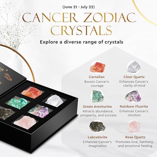 Wyspell Cancer Crystal Set - 6 Raw Cancer Crystals and Healing Stones - Cancer Zodiac Gifts for Women - Cancer Healing Gifts - Birthday Gifts for Women - Astrology Gifts for Women - Zodiac Crystal Set