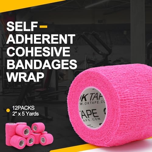 OK TAPE 12 Rolls Self Adhesive Bandage Wrap, Elastic Athletic Tape, Self Stick Bandage Tape, Vet Wrap, Medical Wrap for Wrist, Feet, 2" x 5 Yards - Pink