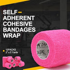 OK TAPE 12 Rolls Self Adhesive Bandage Wrap, Elastic Athletic Tape, Self Stick Bandage Tape, Vet Wrap, Medical Wrap for Wrist, Feet, 2" x 5 Yards - Pink