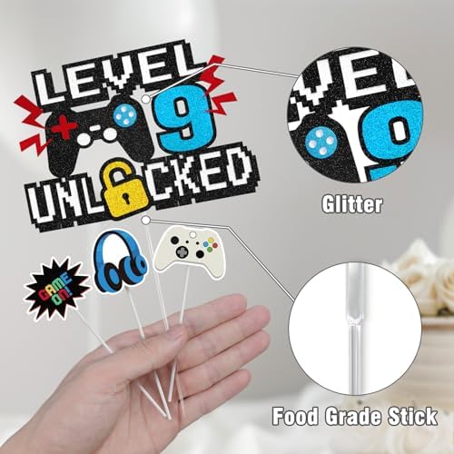 Video Game Cake Topper, Level 9 Unlocked Cake Toppers, Happy 9th Birthday Game Party Decorations for Boys Girls, Video Game Controller Themed Birthday Party Supplies for Game Fans, Kids and Men
