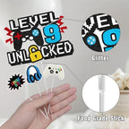 Video Game Cake Topper, Level 9 Unlocked Cake Toppers, Happy 9th Birthday Game Party Decorations for Boys Girls, Video Game Controller Themed Birthday Party Supplies for Game Fans, Kids and Men