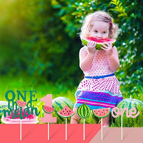 Set of 27 One in a Melon Cake Cupcake Toppers Glitter Watermelon Cake Toppers 1st Birthday Party Cake Decor Watermelon Themed Kids Party Supplies Decorations for Baby Shower, Girl's Birthday
