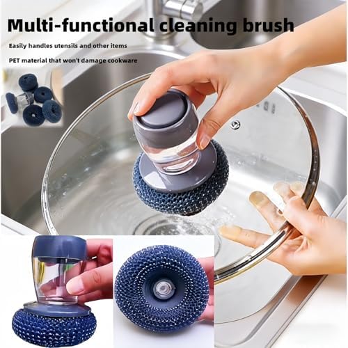 Brush with Soap Dispenser for Non-Stick Pans - Leak-Resistant Multifunctional Pot Scrubber, Gentle Cleaning Brush with 6 PET Refill Heads for Dishes & Kitchen