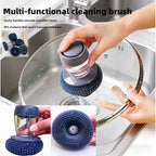 Brush with Soap Dispenser for Non-Stick Pans - Leak-Resistant Multifunctional Pot Scrubber, Gentle Cleaning Brush with 6 PET Refill Heads for Dishes & Kitchen