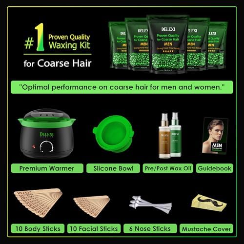 DELEXI Men’s Waxing Kit for Coarse Back & Chest Hair – New Heavy-Duty Edition – Home Waxing System for Couples & Male Grooming – Includes Analog Warmer & Precision Tools for Beard & Brows