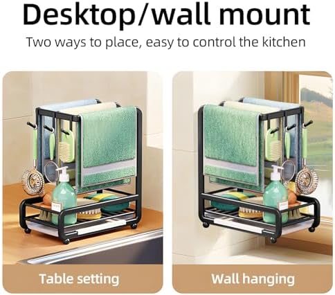 Buachois Kitchen Sink Caddy Organizer,Carbon Steel Wall Mounted or Countertop Sink Caddy Sponge Holder with Removable Drip Tray, Kitchen Sink Organizer for Sponge