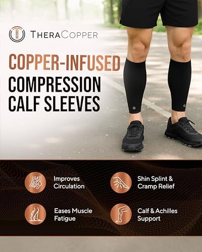 TheraCopper Copper Calf Compression Sleeve — Premium Copper Compression Shin Sleeve for Men & Women — Breathable & Non-Slip Leg Sleeves for Runners, Shin Splints, Muscle Recovery & Leg Fatigue