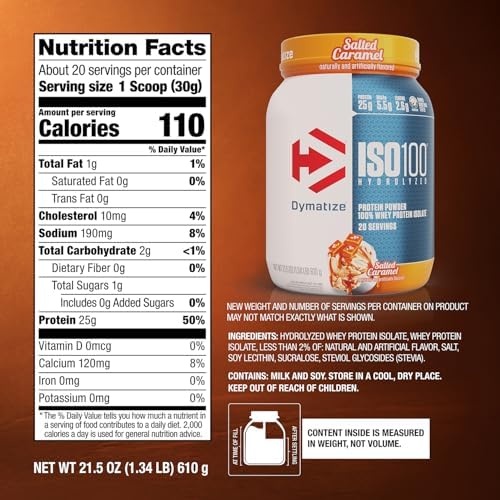 Dymatize ISO100 Whey Protein Powder Isolate, Salted Caramel, 25g of Protein, 5.5g BCAAs, Less Than 120 Cal., Gluten Free, 1g Fat, 1g Sugar, 2g Carb (20 Servings)