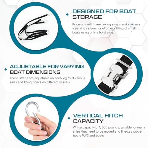 3 Leg Inflatable Dinghy Boat Lift Slings Universal Heavy Duty Adjustable Davit Stainless Steel Hardware Nylon Webbing Dinghy Sling System for Weighing up to 1000lb Rigid Boats