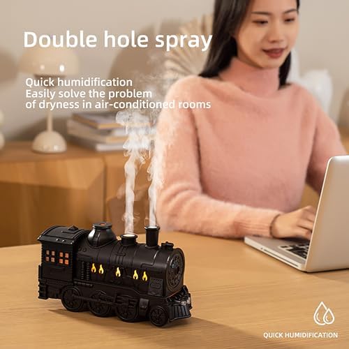 Retro Train Aromatherapy Diffuser 300ML Ultrasonic Cool Mist Humidifier with LED Night Light, Remote Control, Timer, 2 Mist Modes for Home Bedroom Office