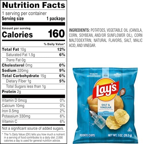 Lay's Salt & Vinegar Flavored Potato Chips, 1 oz Bags, (40 Count) (Packaging May Vary)